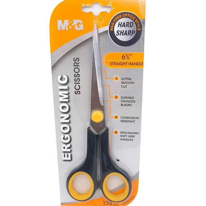 <p>

The M&G Straight handles 174mm scissors - No:ASS91431 are perfect for a wide variety of tasks. Made in China, these scissors are constructed from high-quality materials that are designed to last. The 6.5" straight handles provide an ergonomic grip that is comfortable and secure, while the 174mm scissors give you the precision and control you need to get the job done right. Plus, they come in four stylish and eye-catching colors, so you can easily find the right pair for your needs. With their special f