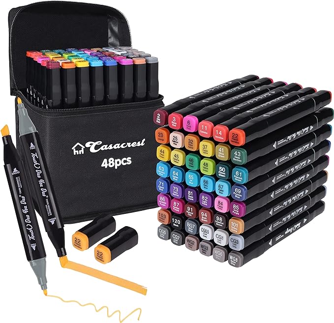 Casacrest Dual Tip Art Markers With Carrying Case For Painting Sketching Calligraphy Drawing For Kids Adult - 48 Colours