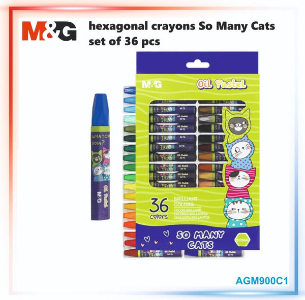 <p>
This M&G So Many Cats Silk Smooth Oil Pastel Hexagon Crayon 36 colors - No:AGM900C1 is perfect for kids and adults alike. It is made of high quality material, making it water and fade resistant. Its small size sticks make it comfortable to hold for young children. It is also an oil pastel, which is a painting and drawing medium with characteristics similar to pastel wax crayon. It can be used directly in its dry form, making it a great choice for artists of all levels. Its hexagon shape makes it easy to