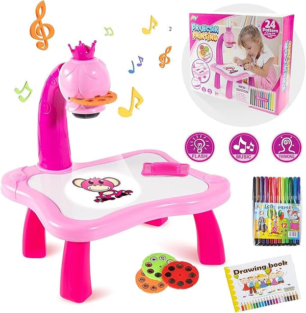 Drawing Projector Writing Painting Board Toy For Kids With Light And Music Early Learning | Pink 