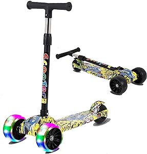 Beauenty Scooters Extra Wide Pu Flash  3  Wheels Adjustable Height And Foldable For Toddlers Kids 