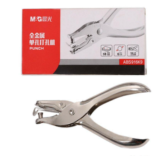 <p> 

The M&G Chenguang Machine Metal Hand-Held Puncher Single Hole - No:ABS916K9 is a multi-function loose-leaf paper document puncher. Made in China, this puncher is made of high quality material and features an 8 number of punched papers, with a 6 mm aperture and 16 mm depth into paper. This all metal single hole punching machine is perfect for anyone looking for a reliable, high-quality puncher. It is easy to use and can punch through a variety of materials with ease. 

This machine is great for office,