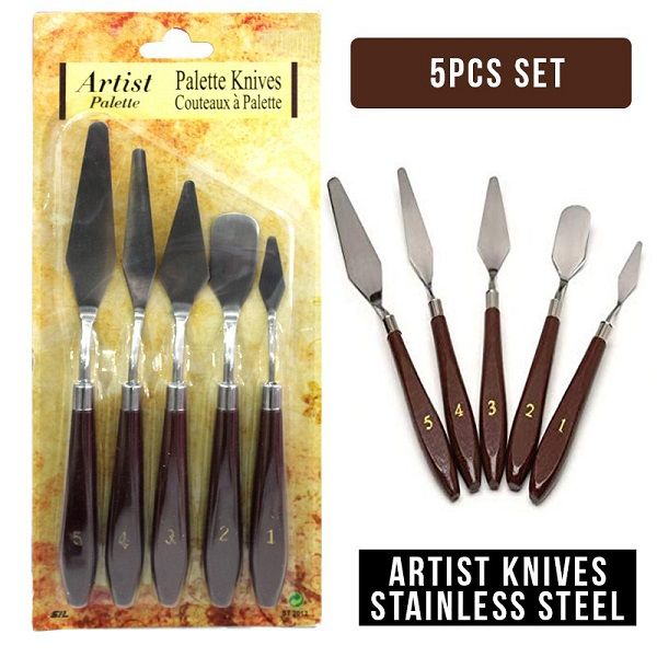 <p> 
This Pack of 5 Artist Palette Knives for Painting is made in China from high quality materials. The knives are suitable for artists and students, and are good for coloring and painting. The set is affordable and has a unique design, with stainless steel blades and wooden handles. The blades are thin, delicate, and very flexible, while the metal connection between the blade and handle keeps fingers from touching the colors on the canvas. 

These knives can be used for a variety of painting effects and a