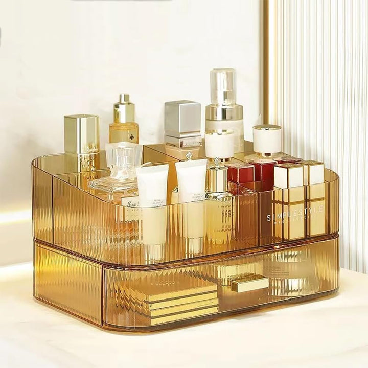 Acrylic Makeup Organizer with Stackable Drawers, Bathroom Vanity Organizers and Storage (Amber, Tray+1Drawer)