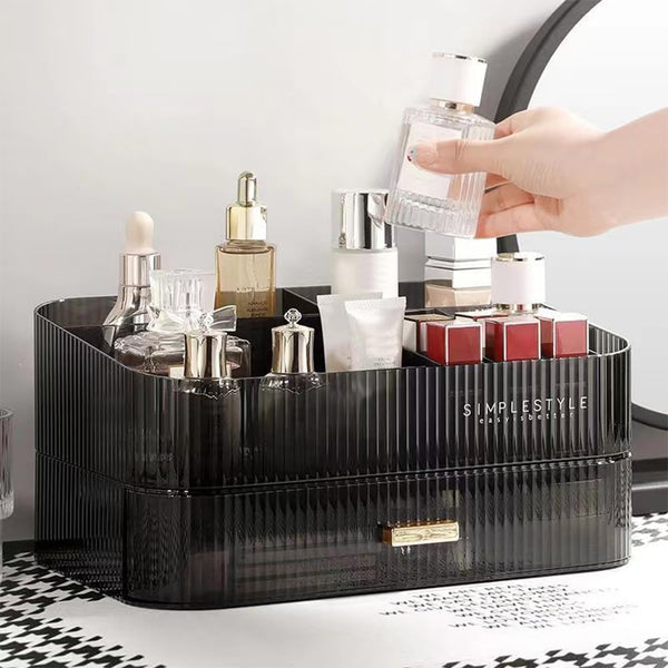 Acrylic Makeup Organizer with Stackable Drawers, Bathroom Vanity Organizers and Storage (Black, Tray+1Drawer)