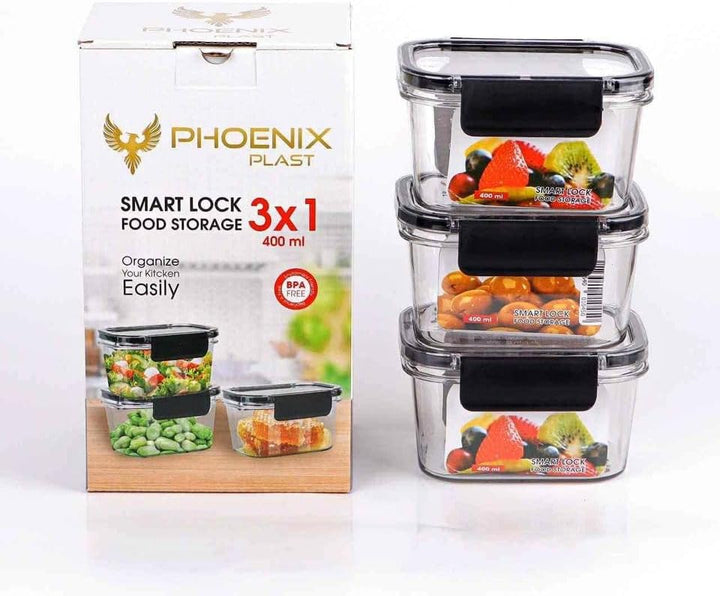 Acrylic Refrigerator Food Container,Food box Set of 3 Pieces with Airtight Lock - Clear Silicone Sides 3 * 400ml