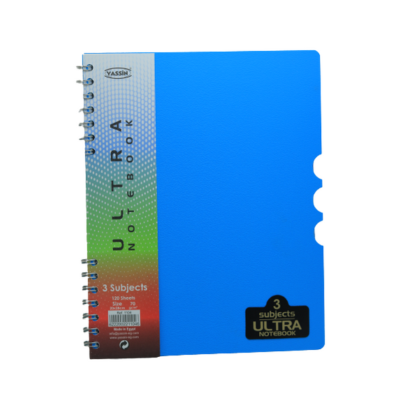 <p>
The Yassin Ultra Notebook 3 Subjects 120 Sheets 20x28 cm 70gsm is a perfect choice for everyday use. It is made from high quality materials in our factory, making it a durable and reliable choice. This notebook is suitable for both school and office use, with its smooth cover and unique design. It is 20x28 cm in size and contains 120 sheets of 70 gsm paper. It comes with three subjects, multiple colors, and classy shapes, making it a great choice for those who want to stay organized. This notebook is al