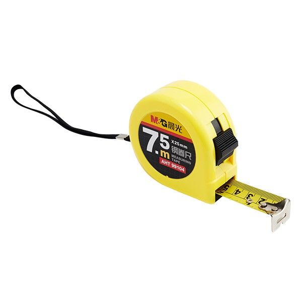 <p> 
The M&G Measuring Tape 7.5m No: AHT99104 is designed to make measuring easier and more accurate. It is made from high quality materials in China, making it a reliable and durable product. The tape measure is retractable and features a thumb latch lock to keep it secure while in use. The durable, contoured yellow case is easy to grip, making it comfortable and easy to use. The large, easy to read measurements make it easier to get accurate readings. This measuring tape is perfect for DIY projects, const