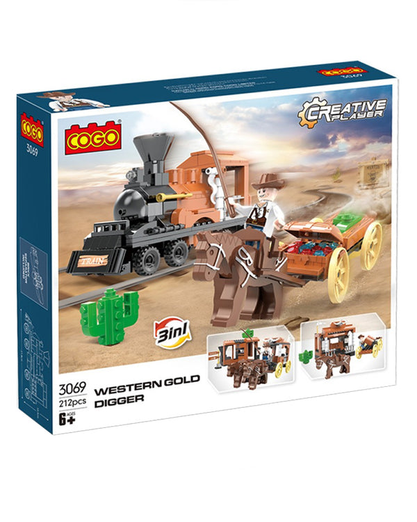 Cogo 3069 3 In 1 Train And Wild West Gold Digger Set Building Blocks - 212  Pcs
