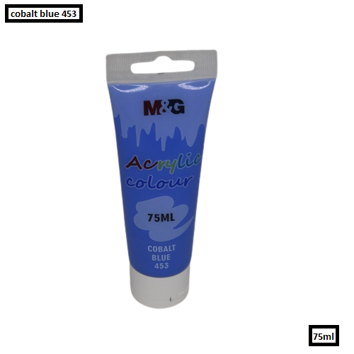 <p> 
M&G Acrylic Colour Tube Cobalt Blue (453) 75 ML No: APLN6598 is a high quality paint made from the finest pigments available. It is made in our facility using advanced production methods, offering the highest quality and environmental friendly paint with no solvents required. This acrylic colour tube is perfect for use on canvas, fabric, paper, and wood. It is great for amateurs and experts alike, offering an easy-to-use paint that is great for painting. It has a rich, vibrant colour that will add life