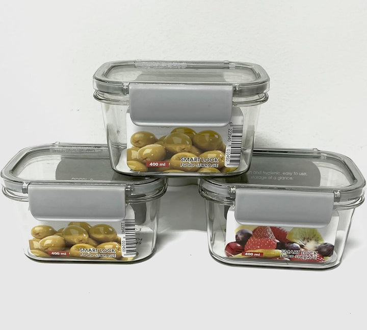 Acrylic Refrigerator Food Container,Food box Set of 3 Pieces with Airtight Lock - Clear Silicone Sides 3 * 400ml (Grey)