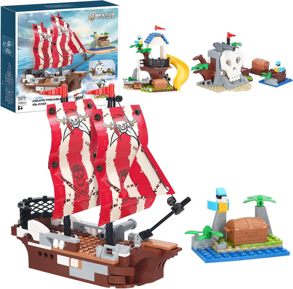 Cogo Creator 3In1 Building Sets Pirate Ship With Treasures Island, Pirates Treehouse 260 Pcs