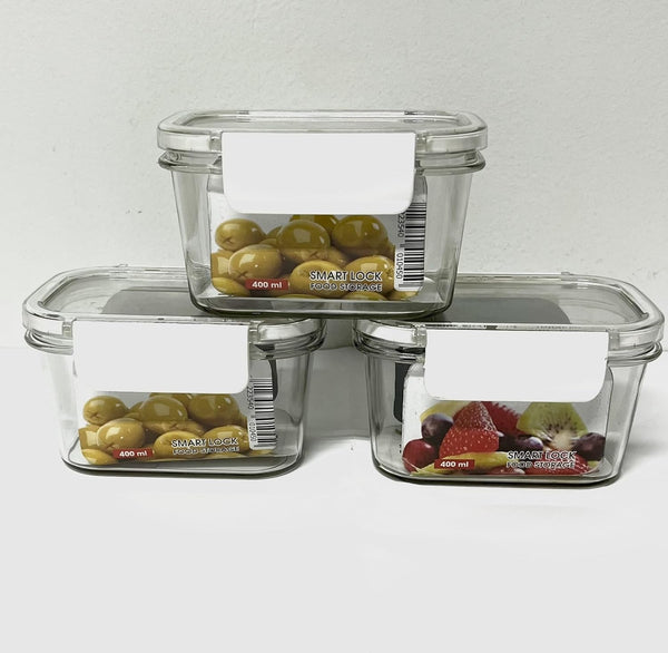 Acrylic Refrigerator Food Container,Food box Set of 3 Pieces with Airtight Lock - Clear Silicone Sides 3 * 400ml (White)