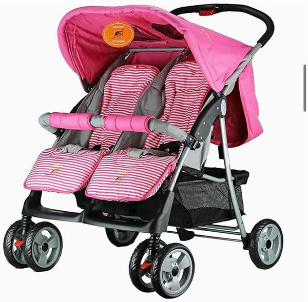 Gomaa Twin Stroller Basket Smooth Wheels Foot Locks Canopy Lightweight Recline Sleep Safety Harness Cushioned Seat Extended Foot Rest Easy | Pink