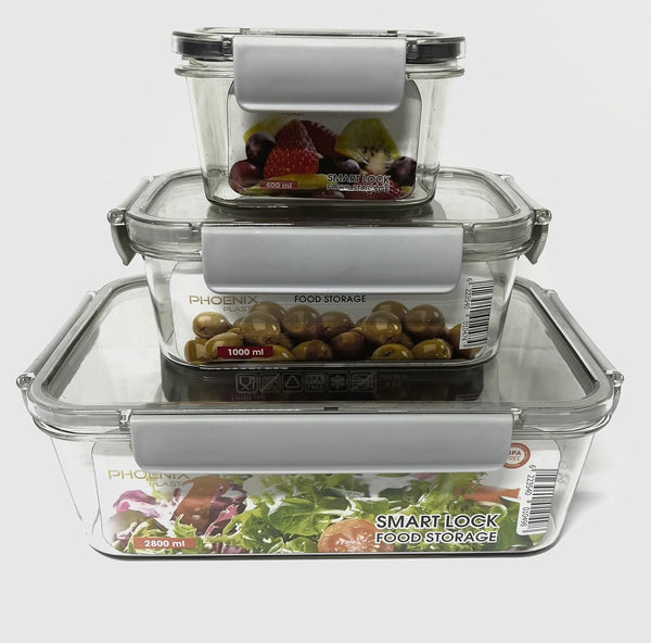 Acrylic Refrigerator Food Container,Food box Set of 3Pieces with Airtight Lock - Clear Silicone Sides (Grey)