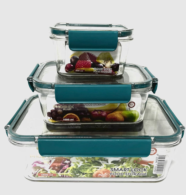 Acrylic Refrigerator Food Container,Food box Set of 3Pieces with Airtight Lock - Clear Silicone Sides (Turquoise)