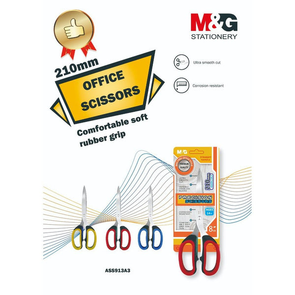 <p>

The M&G Office Scissors 210mm - No:ASS913A3 are the perfect tool for any office or home workspace. Made with high quality materials, these scissors are designed for maximum comfort and precision. The ergonomic soft rubber grip makes it easy to cut through paper, cardstock, and fabric with ease. The stainless steel blades are ultra-smooth and corrosion-resistant, so they won't dull or rust over time. The durable blades will stay sharp, providing you with a long-lasting and dependable cutting tool. Wheth