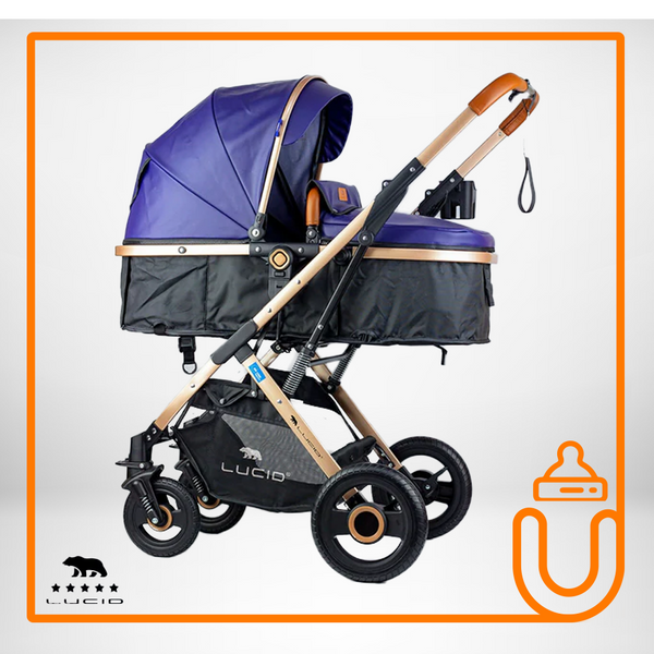 SENA Baby Stroller, luxury carriage with umbrella and leather cover from Lucid Baby – Blue