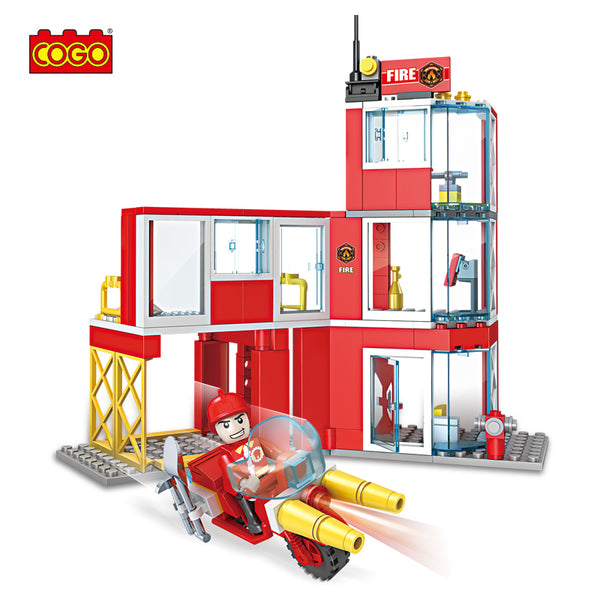 Cogo Fire Set Abs Plastic 2In1 Educational Toys Building Blocks Fire Station Motorcycle