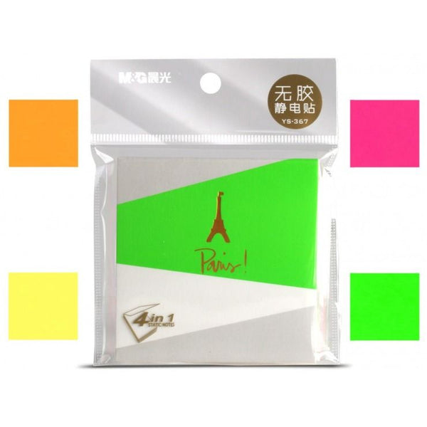 <ul>
<li><strong>Chenguang Electrostatic Notes Paris, 80 Sheets - 76X76 Mm - No-AS33Q105</strong></li>
<li>Made in China</li>
<li>Made of high quality</li>
<li>Post-It Notes</li>
<li>Glueless, electrostatic</li>
<li>They adhere to any surface and can be peeled off many times without losing their properties</li>
<li>Fluorescent colors - mix of 4 colors</li>
<li>80 sheets</li>
<li>Dimensions: 7.6 x 7.6 cm</li>
</ul>