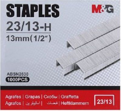 <p>

The M&G Staples 23/13-H are perfect for binding and fastening documents. These staples are made of high quality steel and have a size of 23/13-H. Each package contains 1000 pieces, giving you plenty to get your job done. The M&G Staples 23/13-H are made in China and are designed to provide reliable and secure binding of your documents. These staples are designed to provide a clean and professional look to your documents, making them look great and last longer. The M&G Staples 23/13-H provide a great so